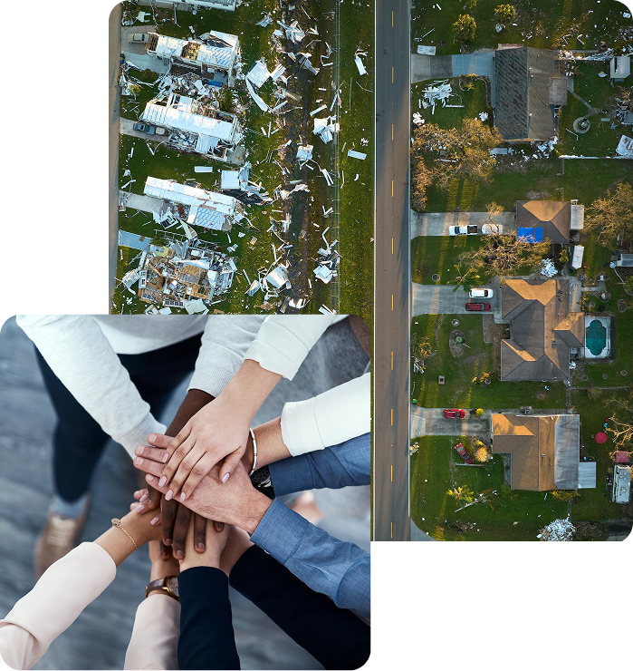 Two photos. Buildings and people hands reunited